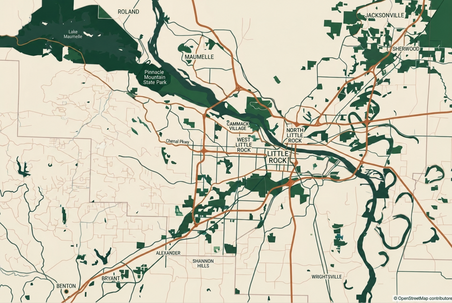 Illustrated overview of Little Rock and nearby communities; not for navigation or determining service coverage.